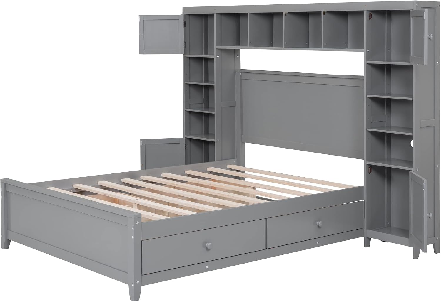 Merax Full Size Platform Bed with 4 Drawers, Wooden Full Bed with All-in-One Cabinet and Shelf, Gray