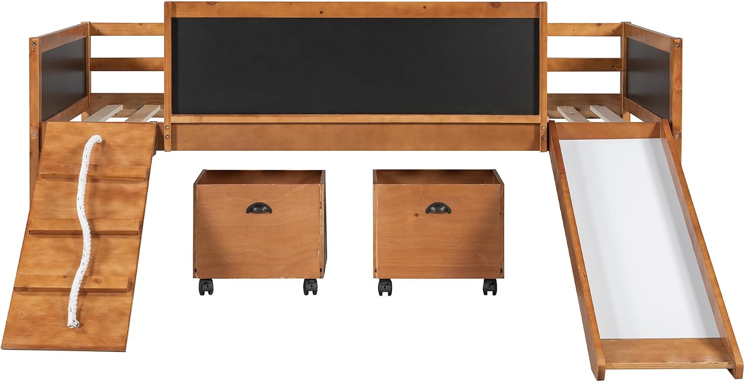 JIVOIT Twin Size Low Loft Bed with Climbing Frame & Rope, Wood Loft Bed Frame with Two Storage Boxes, Slide and Double-Sided Chalkboard, Pine Wood Bed Frame for Teens (Natrual+Rope)