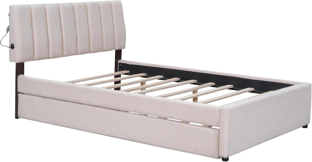 Teddy Fleece Full Size Upholstered Platform Bed Frame for Boys Girls Kids Adults Toddler with Trundle, Beige
