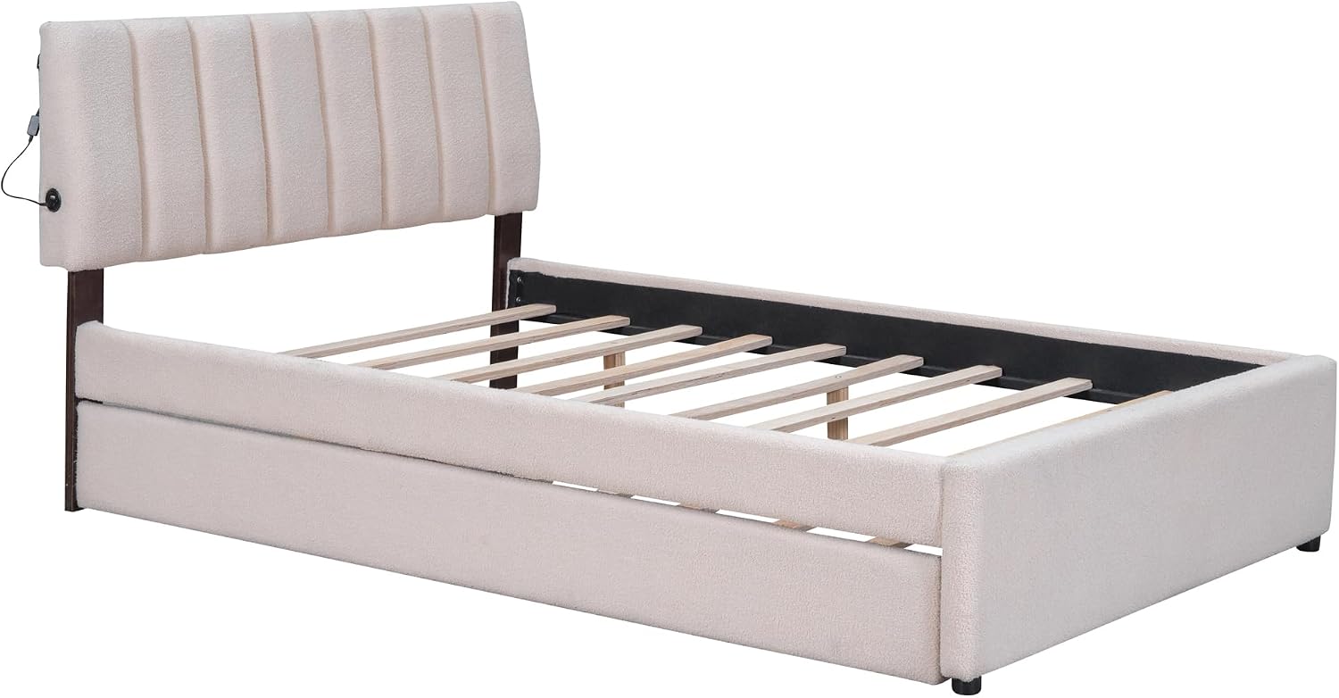 Teddy Fleece Full Size Upholstered Platform Bed Frame for Boys Girls Kids Adults Toddler with Trundle, Beige