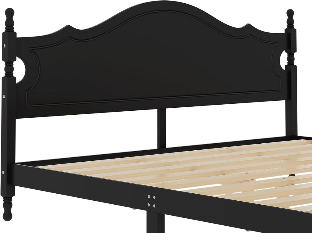 JIVOIT Retro Style Platform Bed with Headboard and Footboard, King Size Wood Platform Bed Frame with Wooden Slat Support, Solid Wood Foundation, No Box Spring Required (Black,King,5)