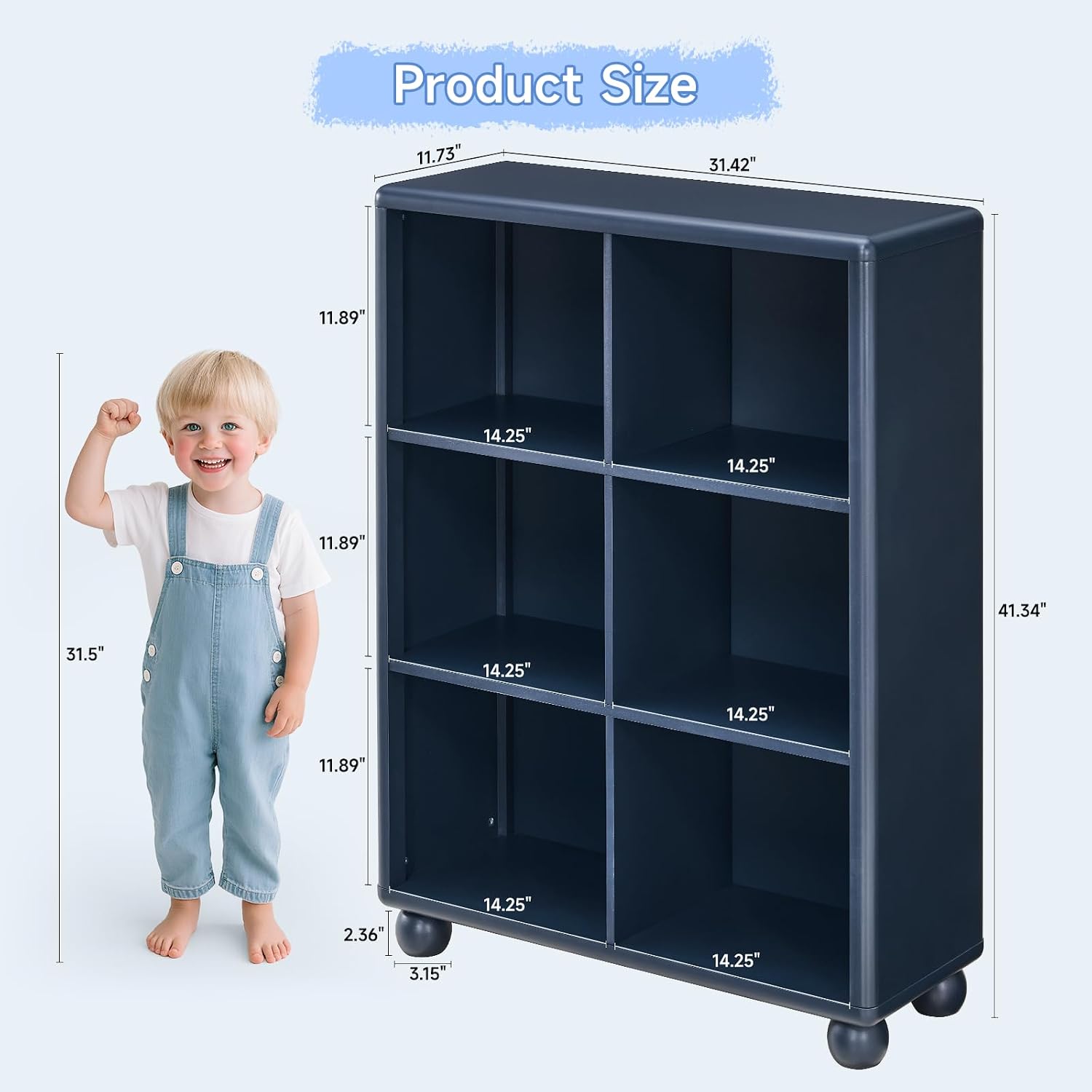 Kids Bookshelf, Large Wooden Bookcase with 6 Cube Storage, Girl Toy Storage Organizer Cabinet with Child Safe Paint&Thick Board, Boy Tall Book Shelves Nook for Office Playroom Living Room (Navy Blue)