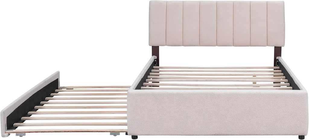 Teddy Fleece Full Size Upholstered Platform Bed Frame for Boys Girls Kids Adults Toddler with Trundle, Beige