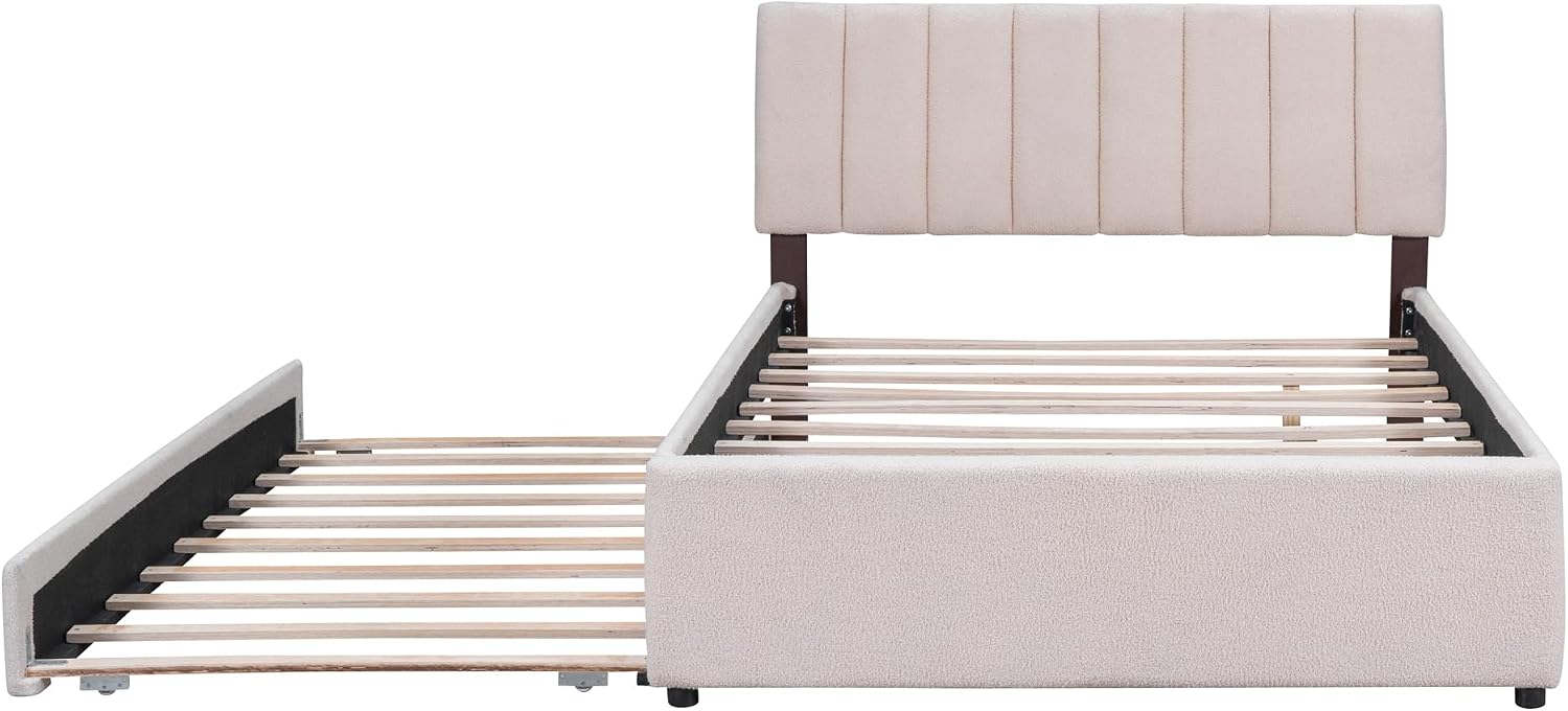 Teddy Fleece Full Size Upholstered Platform Bed Frame for Boys Girls Kids Adults Toddler with Trundle, Beige