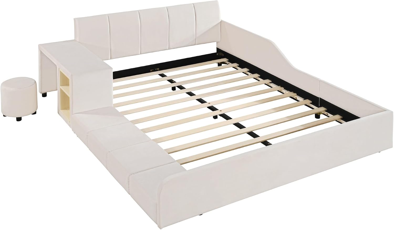 Full Size Upholstered Grounded Bed,Mother & Child Bed with Bedside Desk and Little Round Stool,for Kids Boys Girls Bedroom Use (Beige@Desk/, Full)