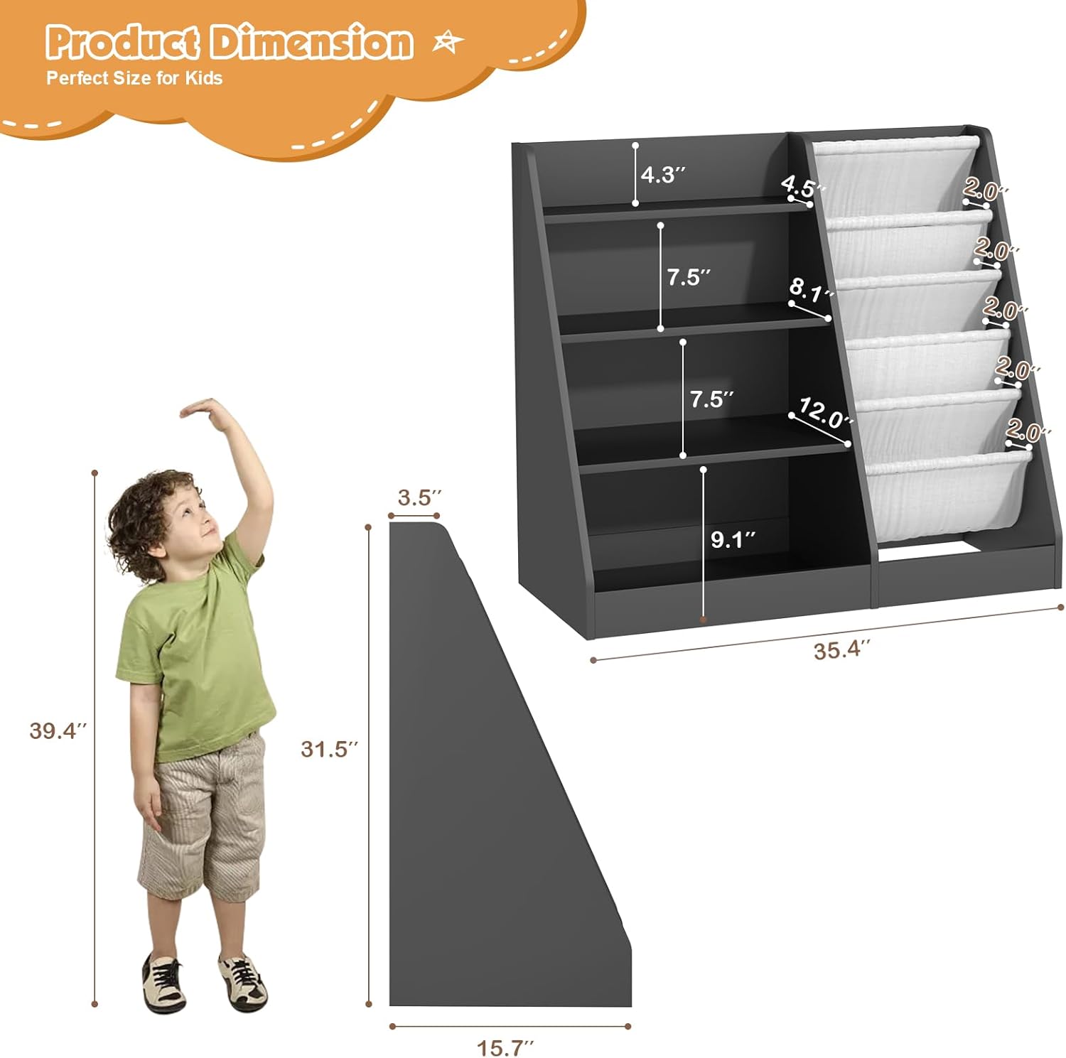 NACHES 4 Tier Kid Bookshelf Wooden 5 Sling Children Bookcase Toddler Montessori Bookcase Book Rack Display Toy Storage Organizer Book Display Shelf Stand Classroom Bedroom Nursery Playroom (Black)