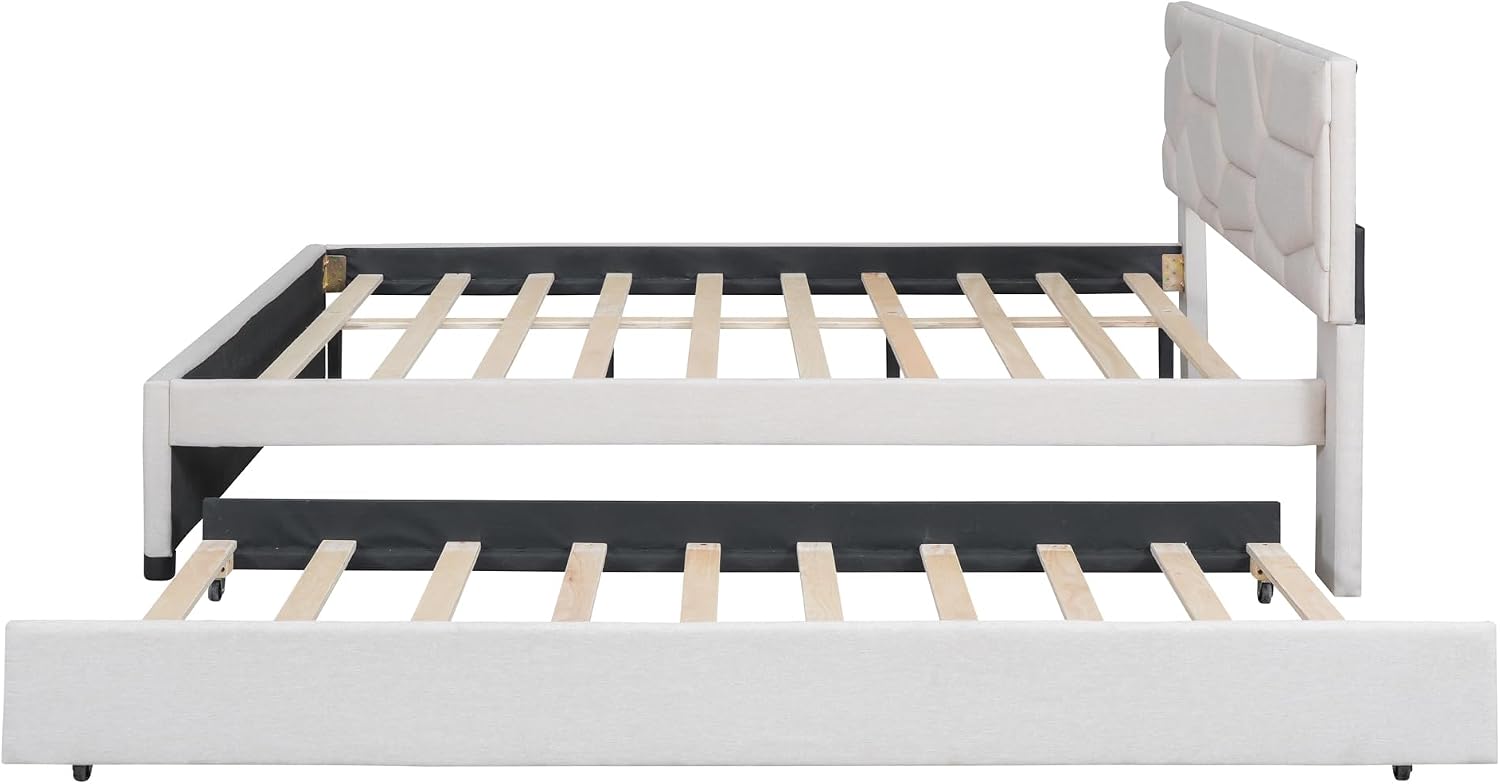 Queen Size Upholstered Platform Bed Frame with Twin XL Size Trundle,Brick Pattern Headboard and Solid Wood Bedframe,Linen Fabric for Kids,Teen,Adult