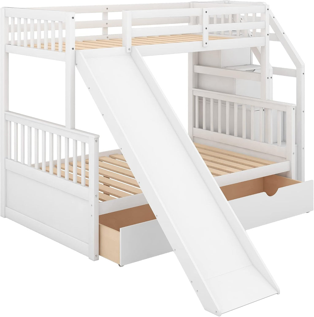 SOFTSEA Twin Over Full Bunk Bed with Staircase and Slide Storage Solid Wood Bunk Beds with Storage Drawers for Kids, No Box Spring Needed