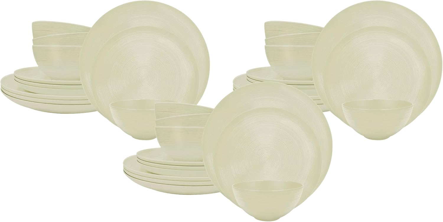Zak Designs Dinnerware Sets for Indoors and Outdoors, 12 Pieces Melamine Plastic Plates and Bowls for Dinnertime with Family (American Conventional Sand) (Pack of 3)