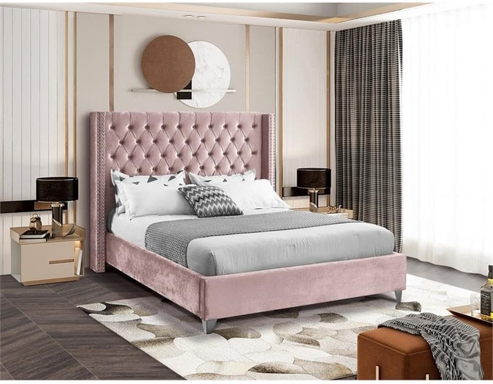 Meridian Furniture Aiden Collection Modern | Contemporary Velvet Upholstered Bed with Deep Button Tufting, Solid Wood Frame, and Custom Chrome Legs, King, Pink