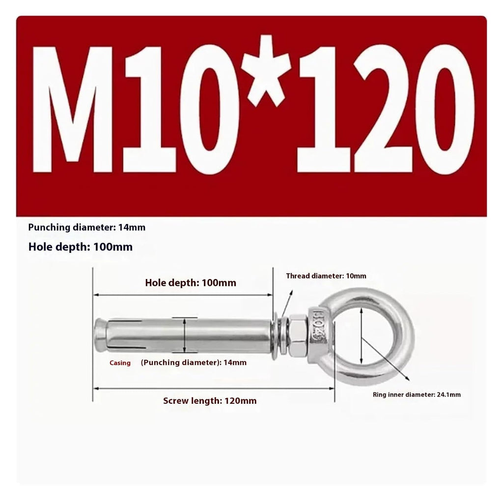 Anchor Bolts,Expansion Bolt, 5Pcs Stainless Steel Universal Ring Expansion Screw Sleeve Anchor Concrete Eye Bolt Installation Artifact Long Hook(M10*120MM)