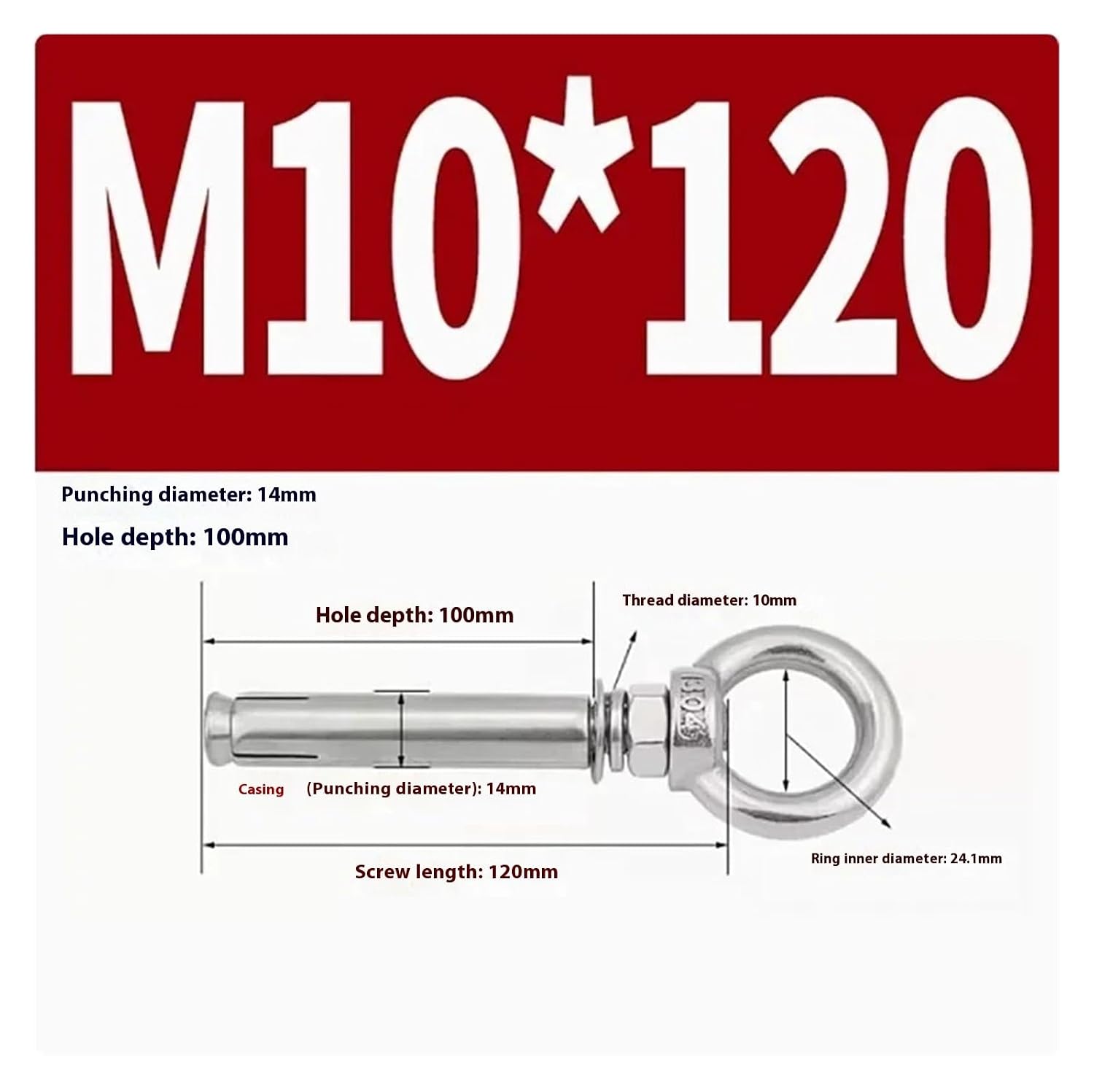 Anchor Bolts,Expansion Bolt, 5Pcs Stainless Steel Universal Ring Expansion Screw Sleeve Anchor Concrete Eye Bolt Installation Artifact Long Hook(M10*120MM)
