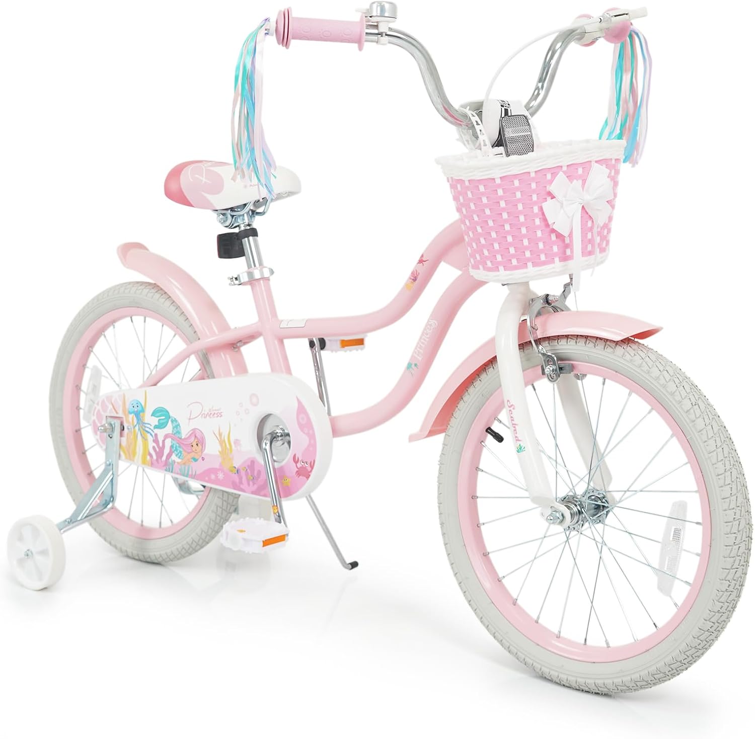 BABY JOY Kids Bike, 12' 14' 16' 18' Mermaid Girls Bike for 3-8 Years Old w/Basket, Training Wheels, Hand & Coaster Brakes, Adjustable Seat & Handlebar, 20' Children Bicycle with Kickstand for 8+