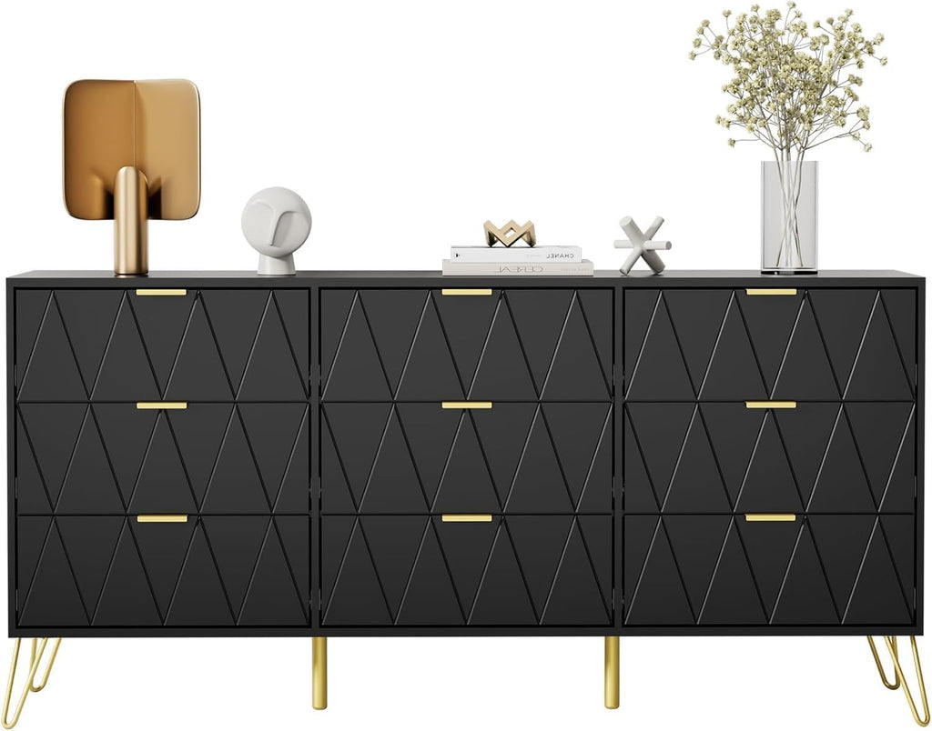 UEV Black Dresser for Bedroom,Modern 9 Drawer Triple Dresser with Gold Accents,Long Storage Organizer for TV Stand & Closet,Large Chest of Drawers for Living Room,Hallway,Entryway