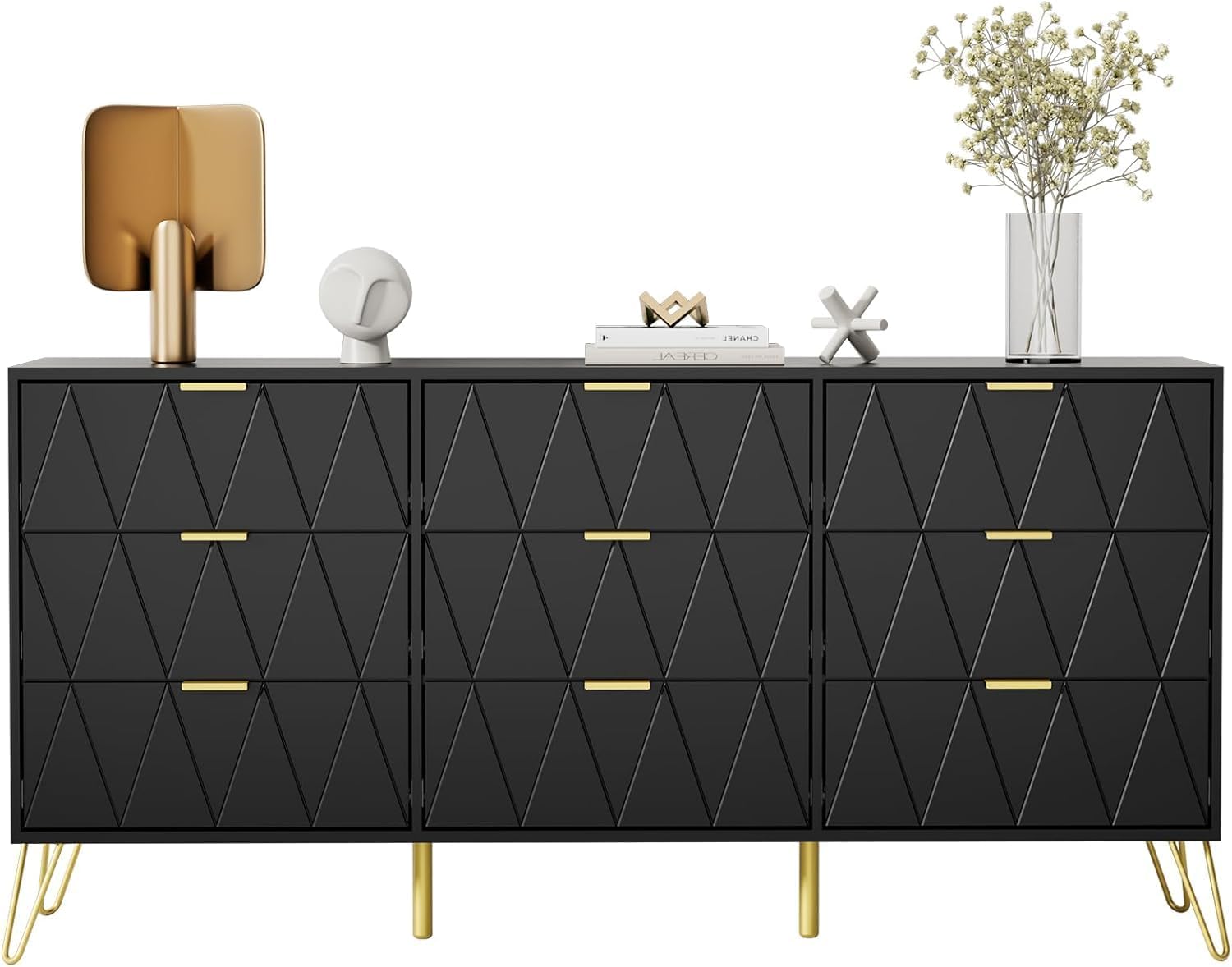 UEV Black Dresser for Bedroom,Modern 9 Drawer Triple Dresser with Gold Accents,Long Storage Organizer for TV Stand & Closet,Large Chest of Drawers for Living Room,Hallway,Entryway