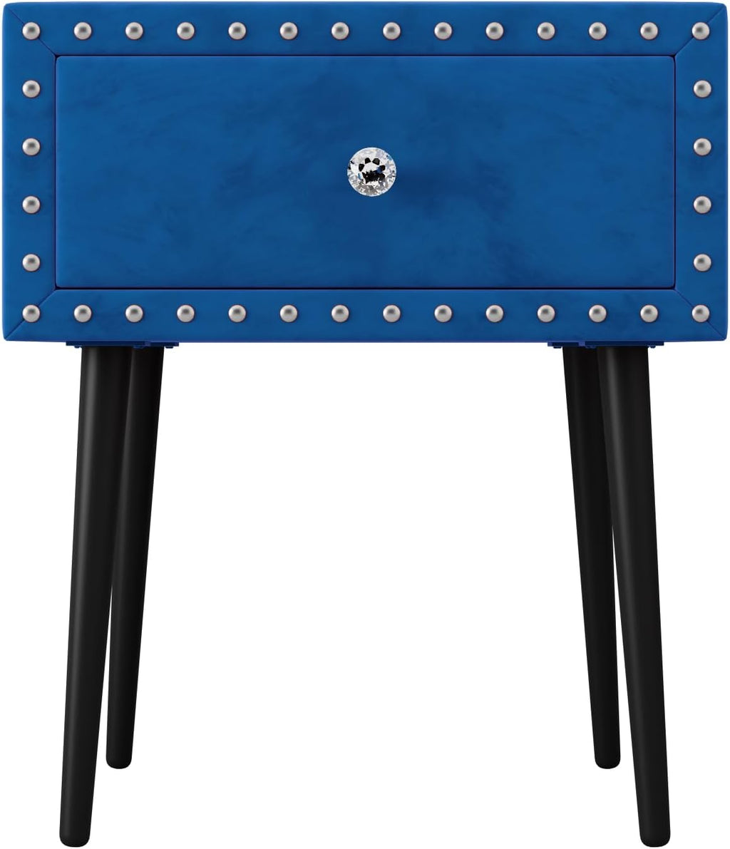 Full of Luxury 4-Pieces Bedroom Sets Queen Size Upholstered Bed Frame with Rivet Design,2 Nightstands and A Tufted Storage Ottoman for Girls,Boys,Kids,Teens, Adults (Blue-@A)