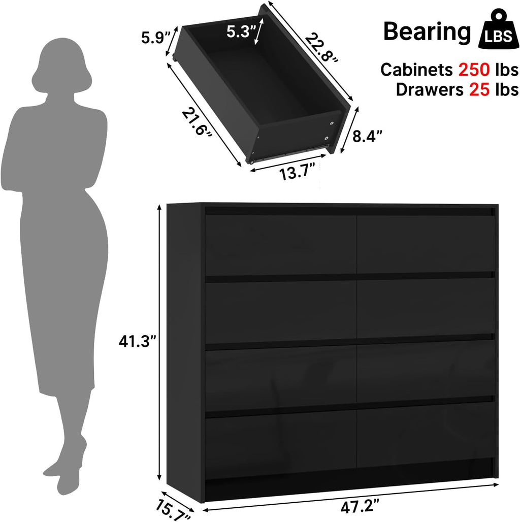 jiteentarou Black Malm High Gloss Dresser for Bedroom, 47' Wide 41' Tall Dresser with 8 Drawers, Modern Large Wood Chest of Drawer Handle Free, Living Room, Entryway, Hallway, Black