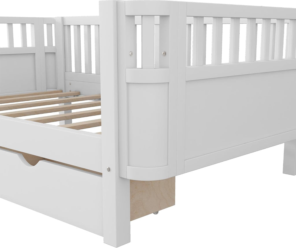Harper & Bright Designs Twin Size Low Platform Bed Frame, Daybed with Fence and Drawers, Low Profile Bed for Bed Room, White