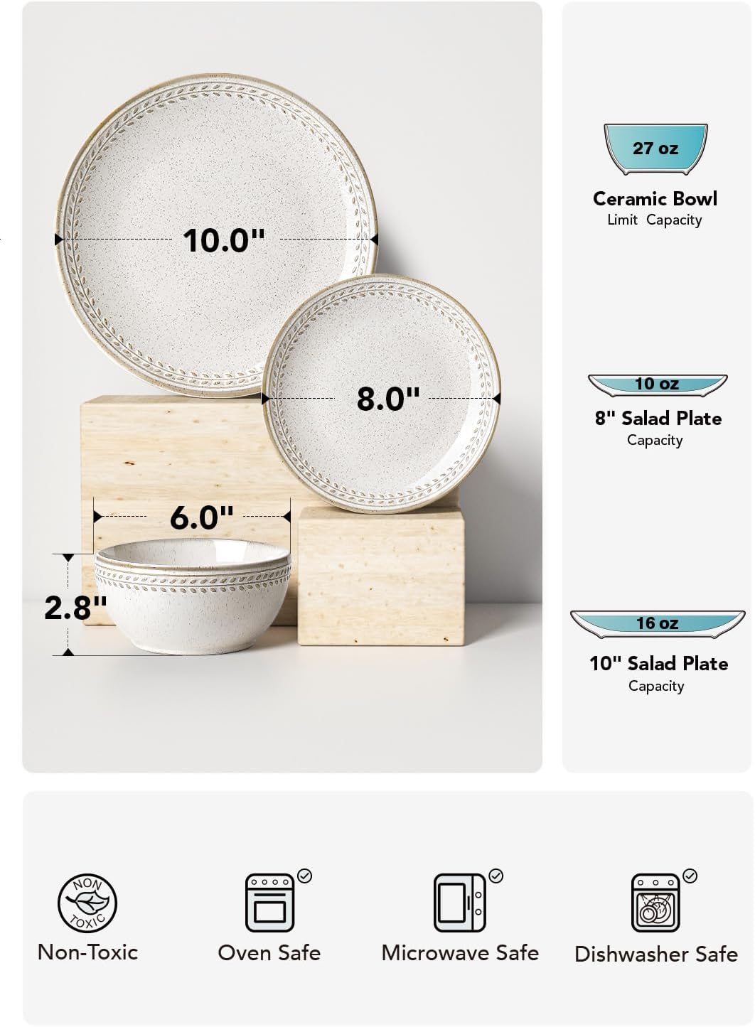 LE TAUCI 24 Piece Dinnerware Sets for 8, Large Plates and Bowls Sets, Ceramic Dishes Set for 8, Modern Stoneware Tableware, Chip Resistant, Ideal for Hosting, Reactive Beige (8'&10' Plate, 27oz Bowl)