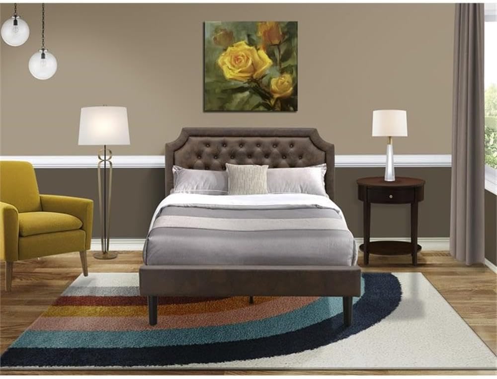 East West Furniture GB25F-1HI0M 2-Piece Platform Bedroom Set with Button Tufted Full Size Bed Frame and an Antique Mahogany End Table - Dark Brown Faux Leather with Black Texture and Black Legs