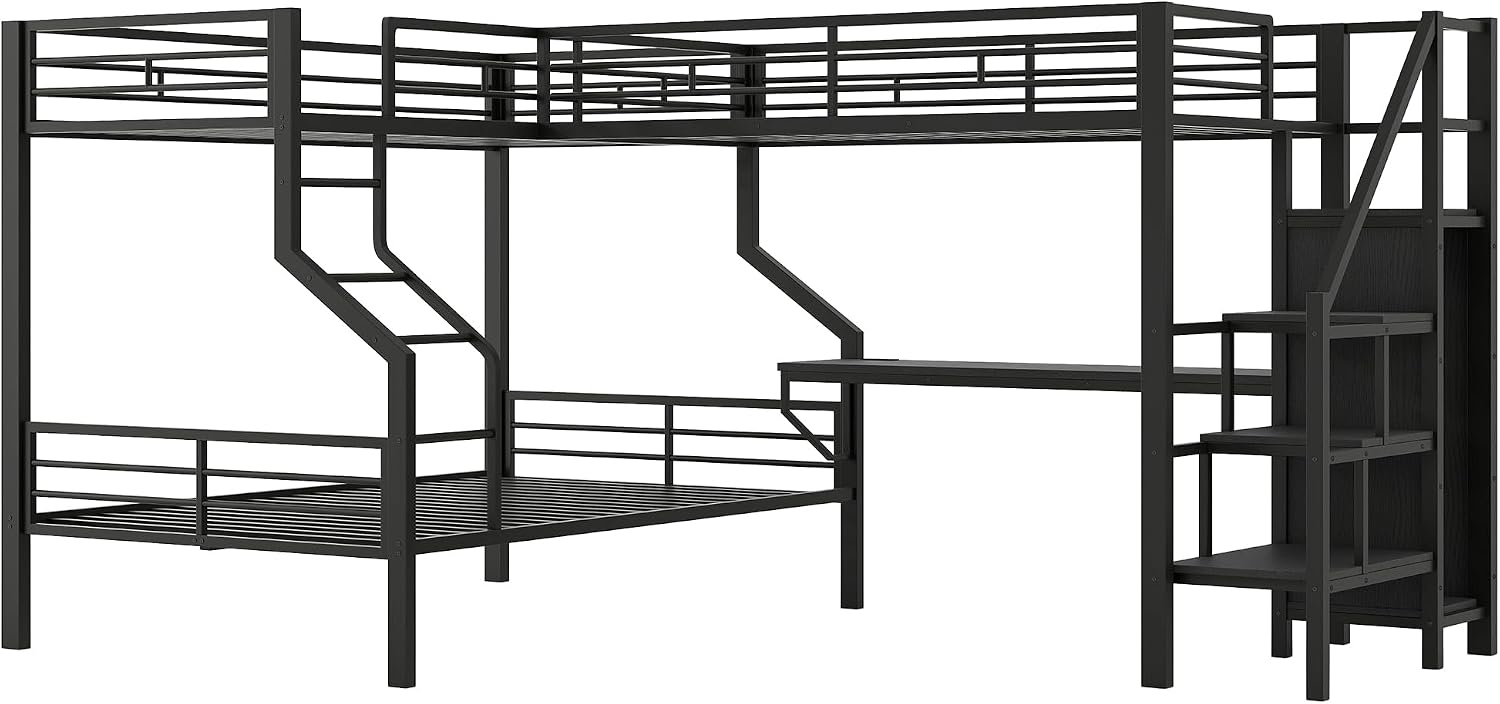 Merax Twin Over Full L-Shaped Metal Loft Bunk Bed with Built-in Desk, Storage Cabinet, and USB Charging Station – Modern Space-Saving Bedroom Set, Black