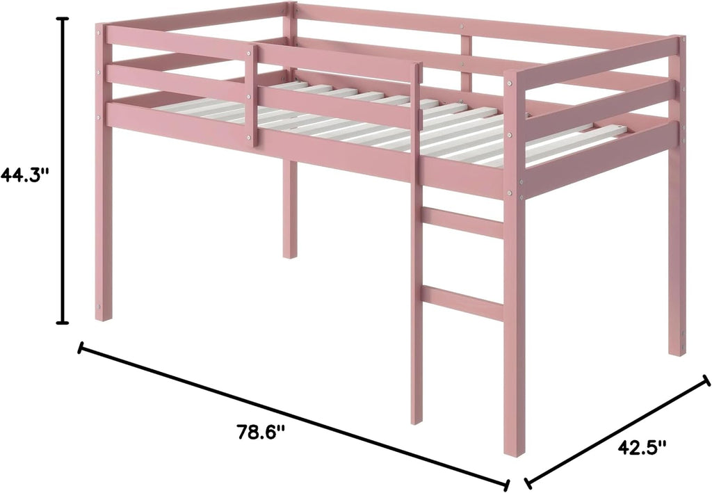 JIVOIT Twin Size Loft Bed with Ladder, Solid Rubber Wooden Low Height Loft Bed, Bed Platform of Strengthened Slats, No Box Spring Needed (Pink//14)