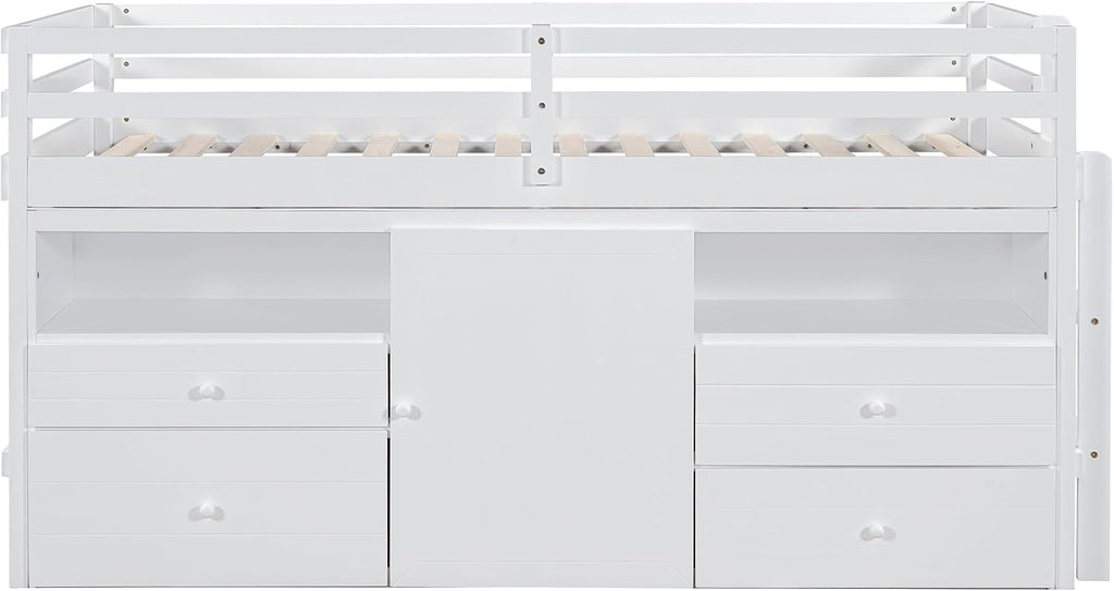 JIVOIT Twin Size Loft Bed with 4 Drawers, Underneath Cabinet and Shelves, Muti-Functional Loft Bed with Full-Length Guardrails and Ladder, Space-Saving Low Loft Bed for Kids Teens (White & 4 Drawers)