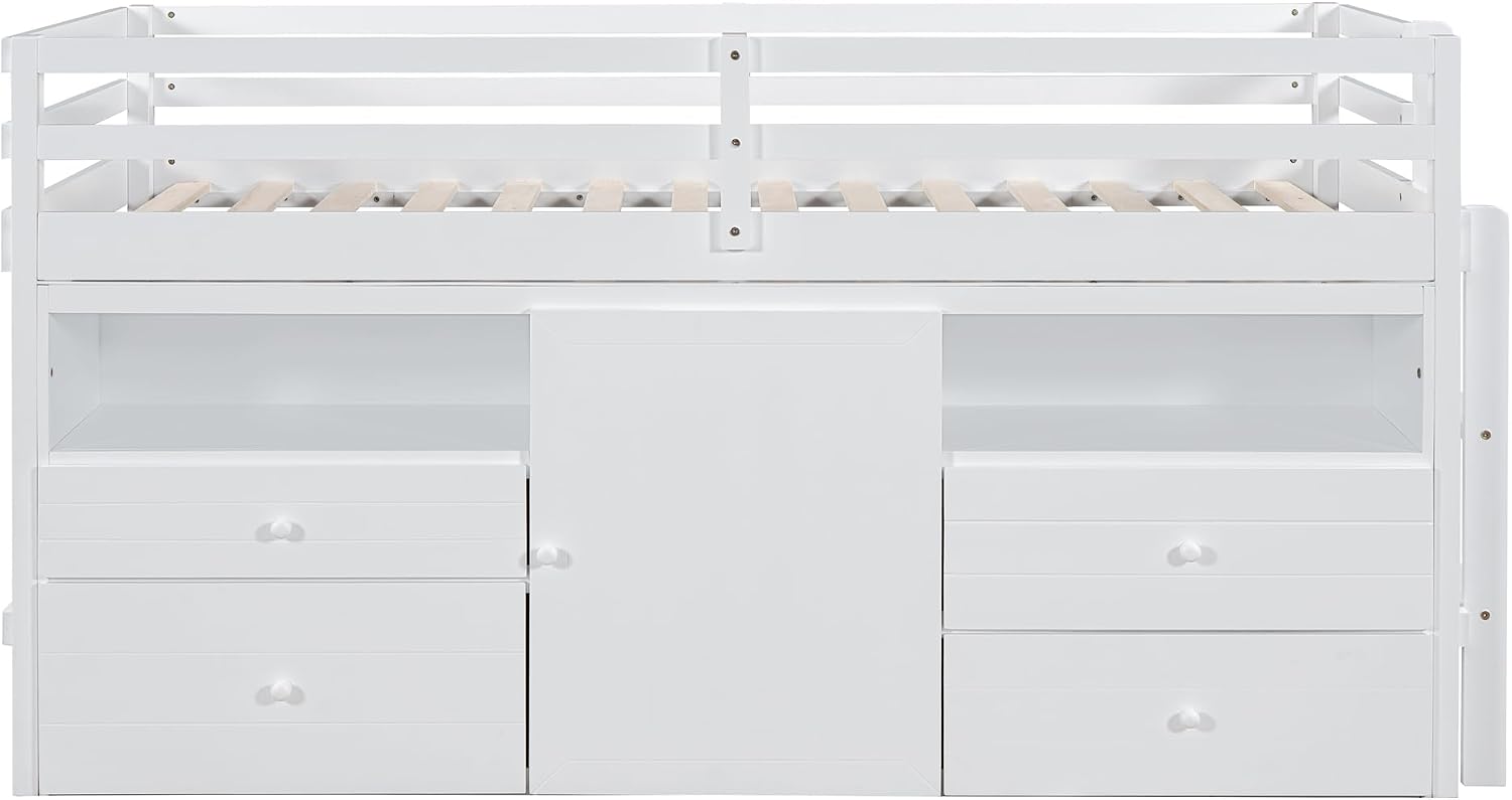 JIVOIT Twin Size Loft Bed with 4 Drawers, Underneath Cabinet and Shelves, Muti-Functional Loft Bed with Full-Length Guardrails and Ladder, Space-Saving Low Loft Bed for Kids Teens (White & 4 Drawers)