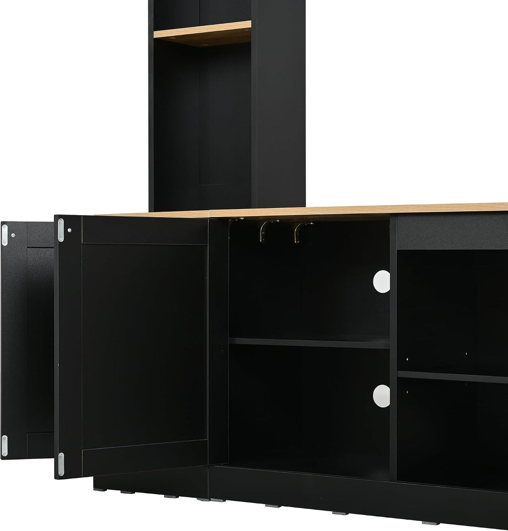 Farmhouse Entertainment Center with Bookshelves, Modern 4-Piece Wall Unit TV Stand Set for TVs up to 70', Elegant Arched Media Console Unit with Adjustable Shelves for Living Room, Black