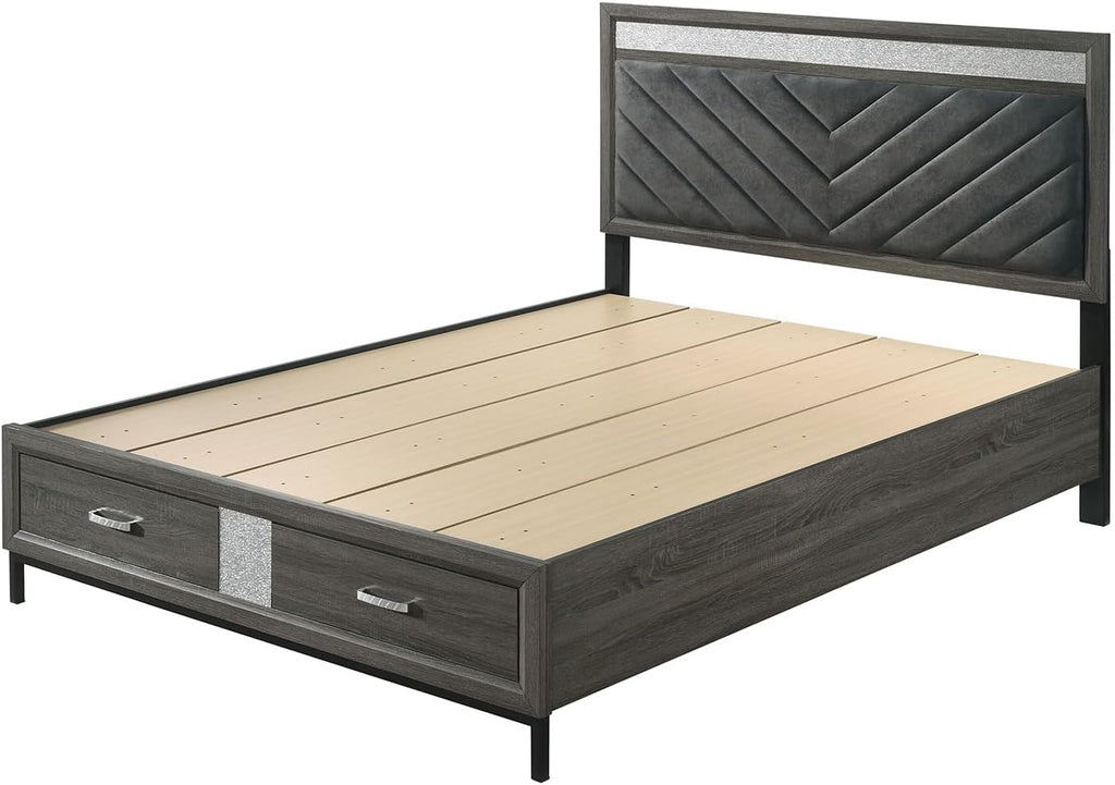 MASARA Contemporary 3-Piece Bedroom Set with Storage Footboard, Gray, Fabric Padded Headboard, Metal Legs, Crystal Acrylic Accents, Available in Queen/King/Full Sizes, Bed with 2 Nightstands (Full)