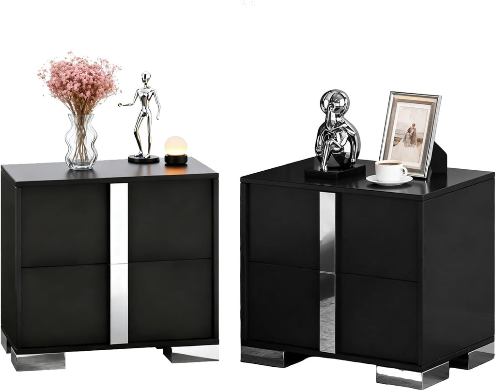 Modern Black Nightstand Set of 2 for Bedroom, Elegant 2 Drawer Nightstand with Silver Mirrored Handle and Base, Wood End Table Sofa Side Table for Living Room Bedroom (Black)