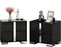 Modern Black Nightstand Set of 2 for Bedroom, Elegant 2 Drawer Nightstand with Silver Mirrored Handle and Base, Wood End Table Sofa Side Table for Living Room Bedroom (Black)