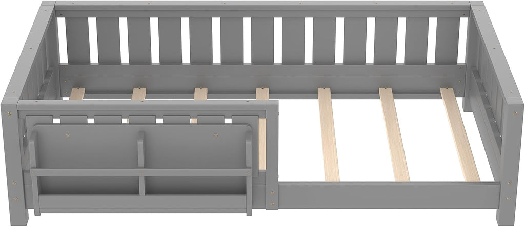 Bellemave Gray Montessori Floor Bed with Fence and Slats, Twin Size Montessori Floor Bed with Bookcase and High Rails, Easy Assemble Bed Frame for Girls, Boys, Twin