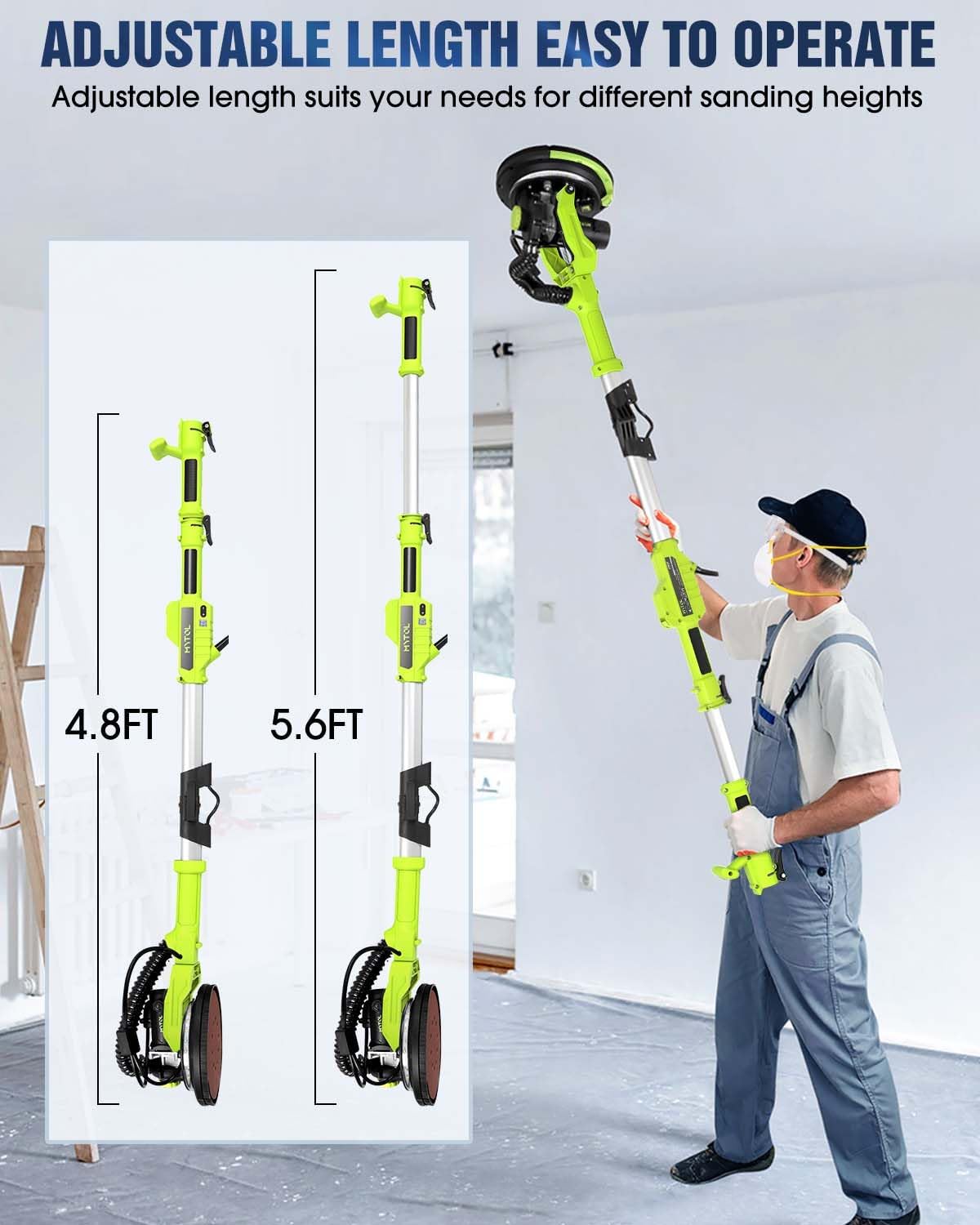 MYTOL Drywall Sander, 7.2A Electric Drywall Sander with Vacuum Dust Collection, 6 Variable Speed 900-1800RPM, LED Light, Foldable & Extendable Handle, 9 Pcs Sandpaper&3 Pcs Grid Sandpaper, Full Green