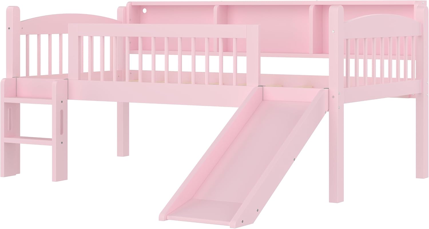 JIVOIT Twin XL Loft Bed with Storage Shelves, Solid Wood Lower Loft Bed with Full-Length Guardrails, Wood Slats Support, Space-Saving Design, No Box Spring Needed (Pink,Twin XL,51)