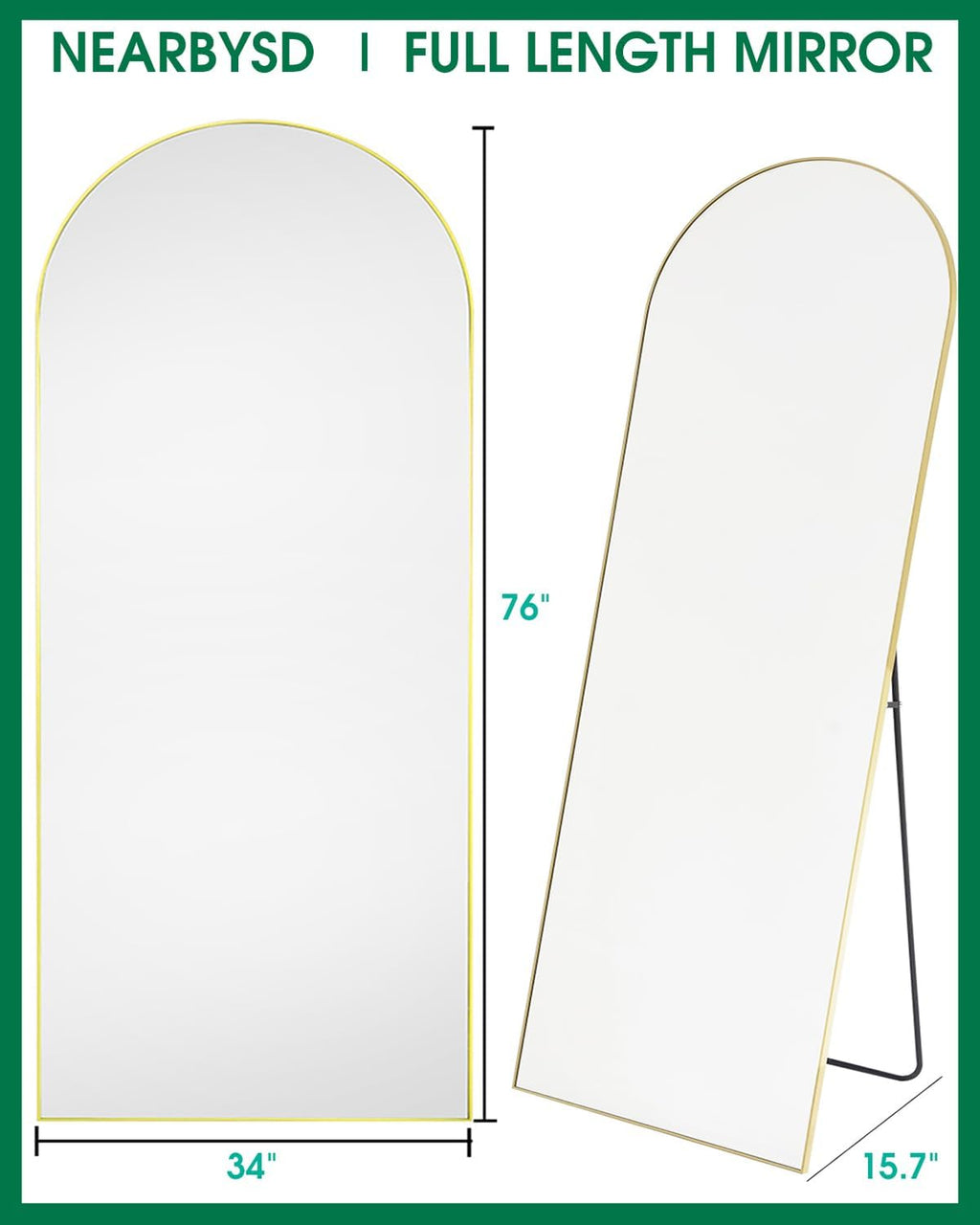 NEARBYSD Oversized Full Length Mirror, Arched Body Mirror with Aluminum Stand, 76'x34', Hanging or Leaning, Wall Mounted, Gold