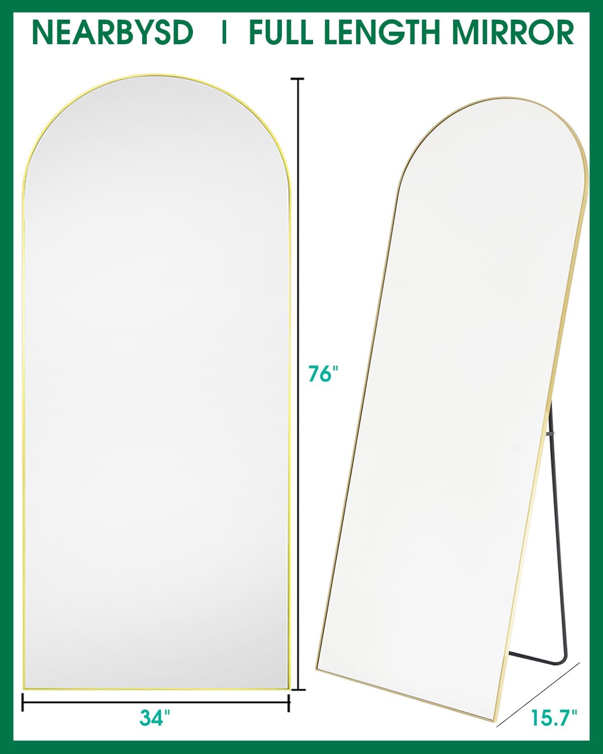 NEARBYSD Oversized Full Length Mirror, Arched Body Mirror with Aluminum Stand, 76'x34', Hanging or Leaning, Wall Mounted, Gold