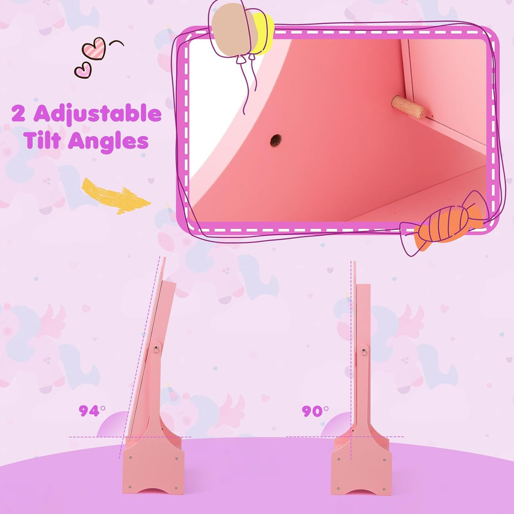GLACER Kids Vanity & Kids Jewelry Armoire, Princess Little Girls Vanity, Standing Children Jewelry Organizer w/Full-Length Mirror & Foldable Drawers, Adjustable Angles, Kids Bedroom Set (Pink)
