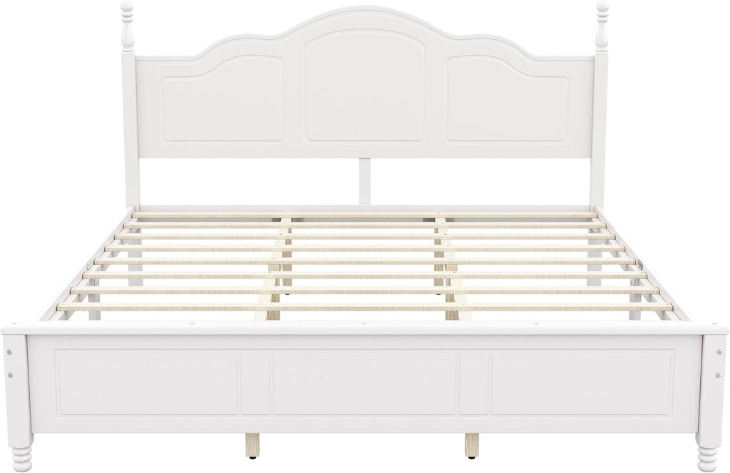 JIVOIT Wood King Bed Frame with Headboard and Footboard, Retro Style Platform Bed with Wooden Slat Support, Solid Wood Foundation, King Size Wooden Bed Frame (White,King Bed, 1)