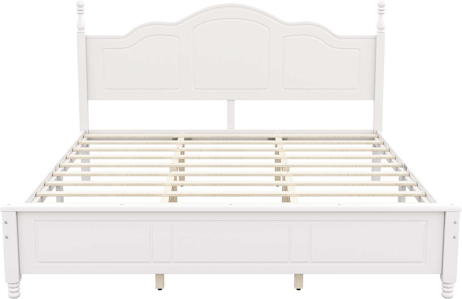 JIVOIT Wood King Bed Frame with Headboard and Footboard, Retro Style Platform Bed with Wooden Slat Support, Solid Wood Foundation, King Size Wooden Bed Frame (White,King Bed, 1)