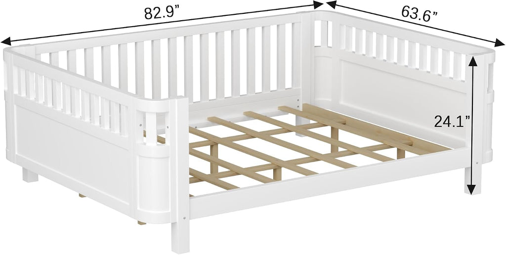 Harper & Bright Designs Queen Size Kids Montessori Bed Frame, Solid Wood Low Profile Bed with Detachable Fence, Rounded Corners & Protective Design, Modern Daybed for Boys, Girls, White