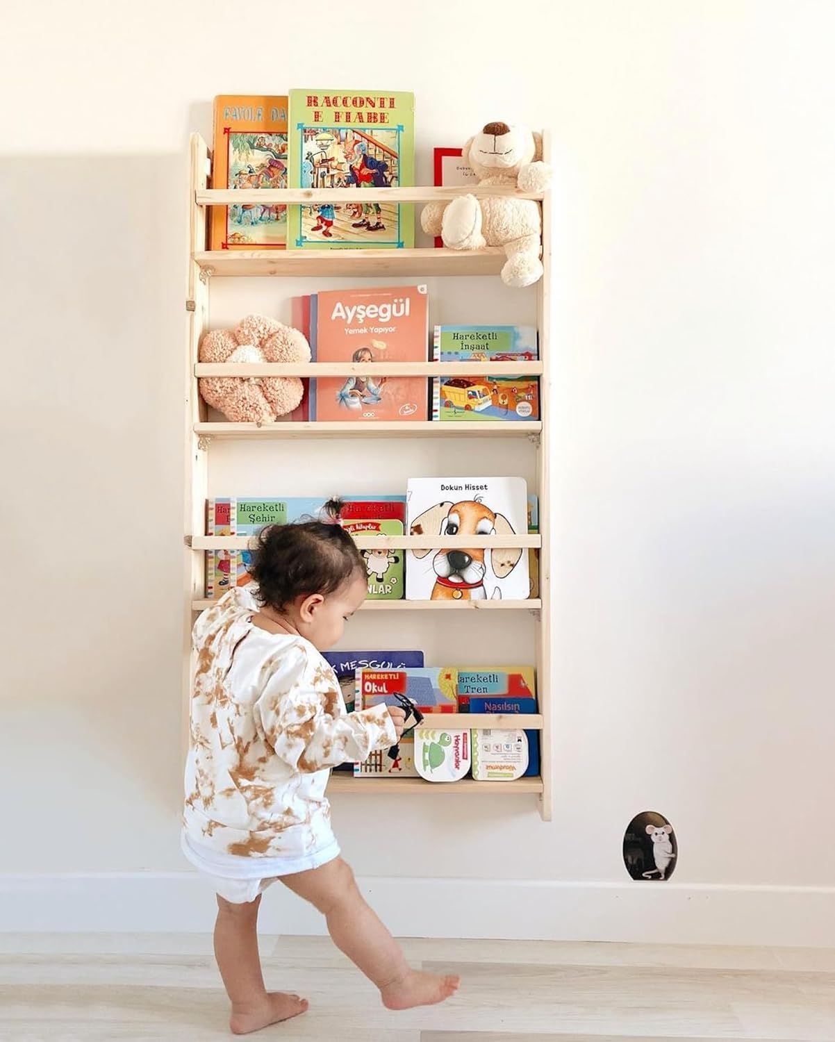 4 Tier Natural Wood Handmade Montessori Kids Bookshelf, Wall Mounted Space Saver Children for Nursery (Wide 24' Width, Natural)