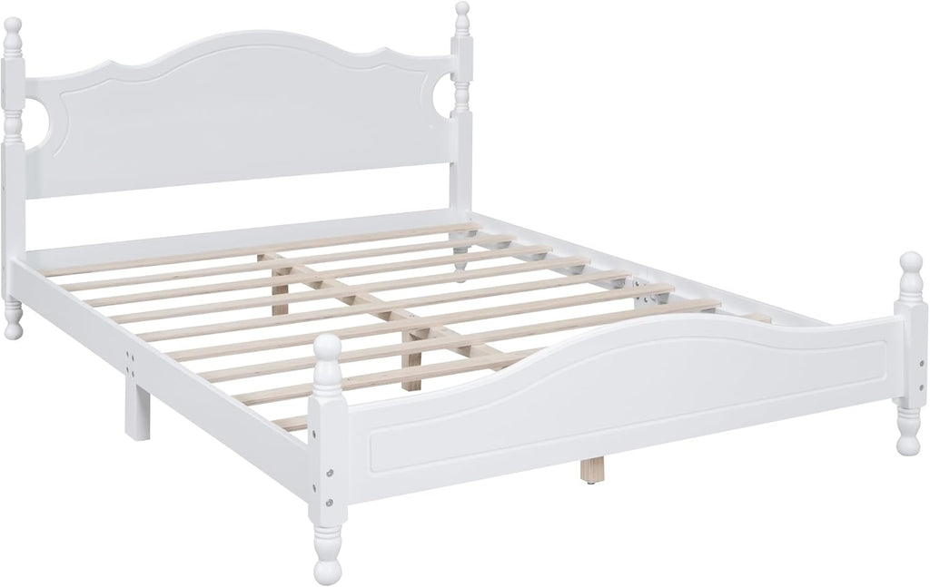JIVOIT Retro Style Platform Bed with Headboard and Footboard, Queen Size Wood Platform Bed Frame with Wooden Slat Support, Solid Wood Foundation, No Box Spring Required (White,Queen,5)