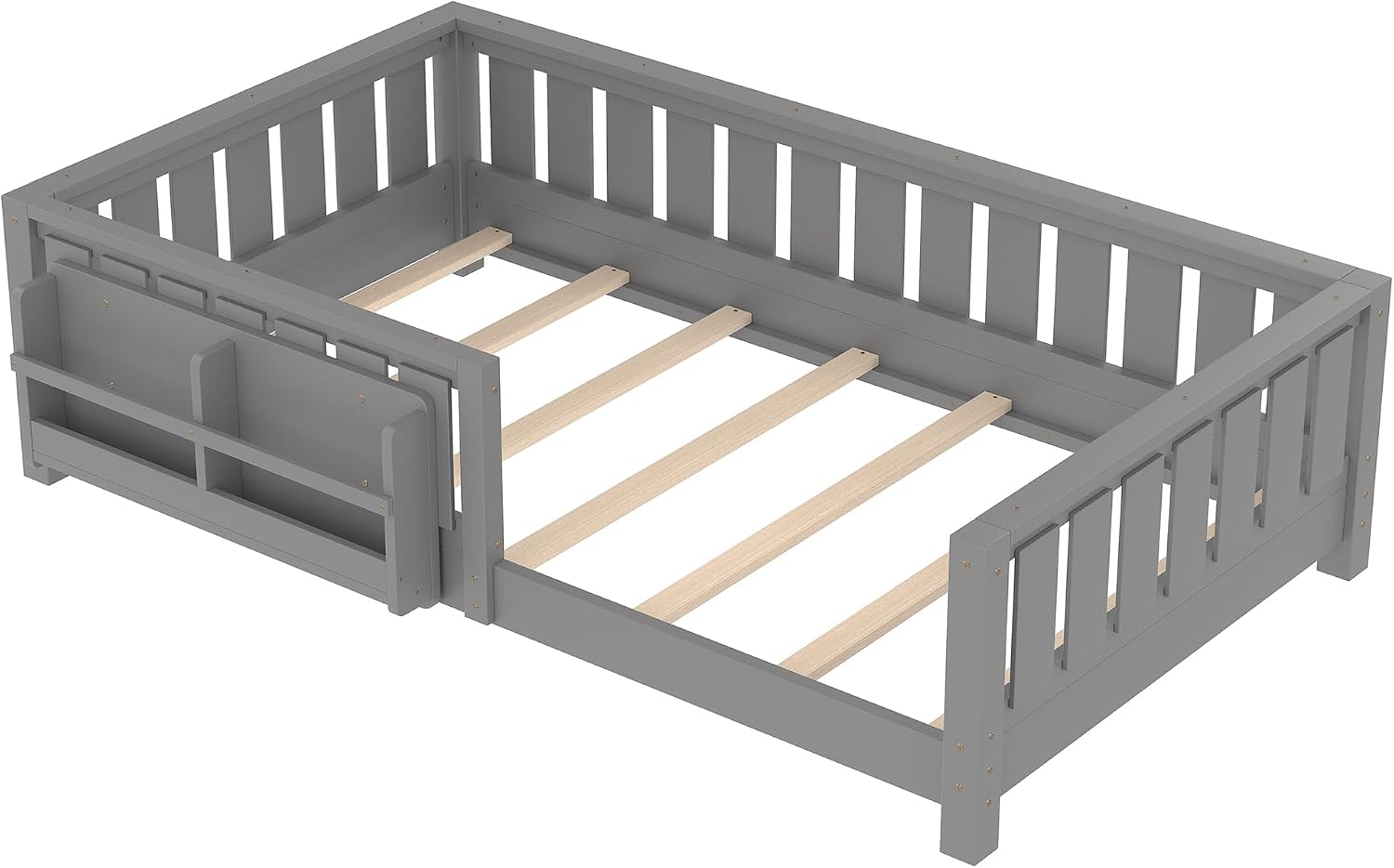 Bellemave Gray Montessori Floor Bed with Fence and Slats, Twin Size Montessori Floor Bed with Bookcase and High Rails, Easy Assemble Bed Frame for Girls, Boys, Twin