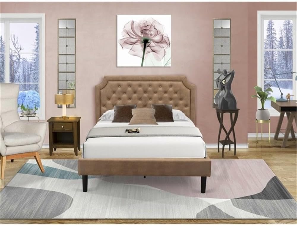 East West Furniture GB28F-1GA08 2-Piece Granbury Wooden Set for Bedroom with Button Tufted Platform Bed and an Antique Walnut Wood Nightstand - Brown faux Leather with Brown Texture and Black Legs
