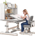 Kids Desk and Chair Set, Height Adjustable Study Desk with One-Touch Tilting Desktop (0–50°), Storage Drawer & Bookshelf, Ergonomic Desk for Boys and Girls Ages 3–12 (Grey)