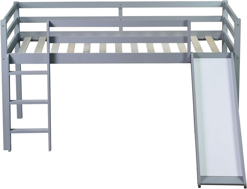 JIVOIT Twin Size Low Loft Bed with Slide and Ladder, Rubber Wood Twin Loft Bed with Wood Slats Support, No Box Spring Needed (Grey/407)