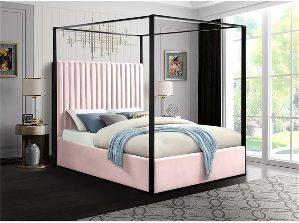 MAKLAINE Contemporary Solid Wood King Canopy Bed, Pink Velvet Upholstery, Matte Black Steel Frame, Channel Tufted Headboard, 82' W x 86.5' D x 78.5' H, Luxurious Bedroom Furniture
