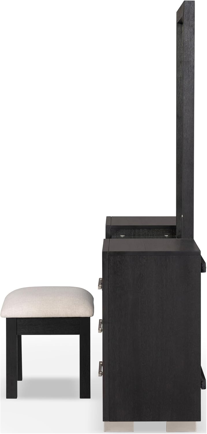 Furniture of America Lyle Modern Solid Wood 6-Drawer Makeup Vanity Set with Storage Stool and LED Full-Length Mirror, Wooden Dresser with USB Ports and Power Outlet for Bedroom, Guest Room, Black