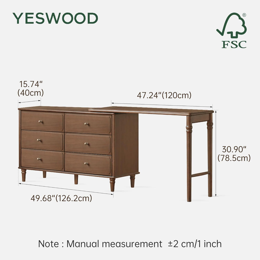 YESWOOD Large Vanity Desk with 6 Storage Dresser, North America Black Walnut Wood Adjustale Makeup Table for Girls, Vanity Set for Bedroom, Bathroom, 97' D x 16' W x 31' H（no Chair no Mirror）